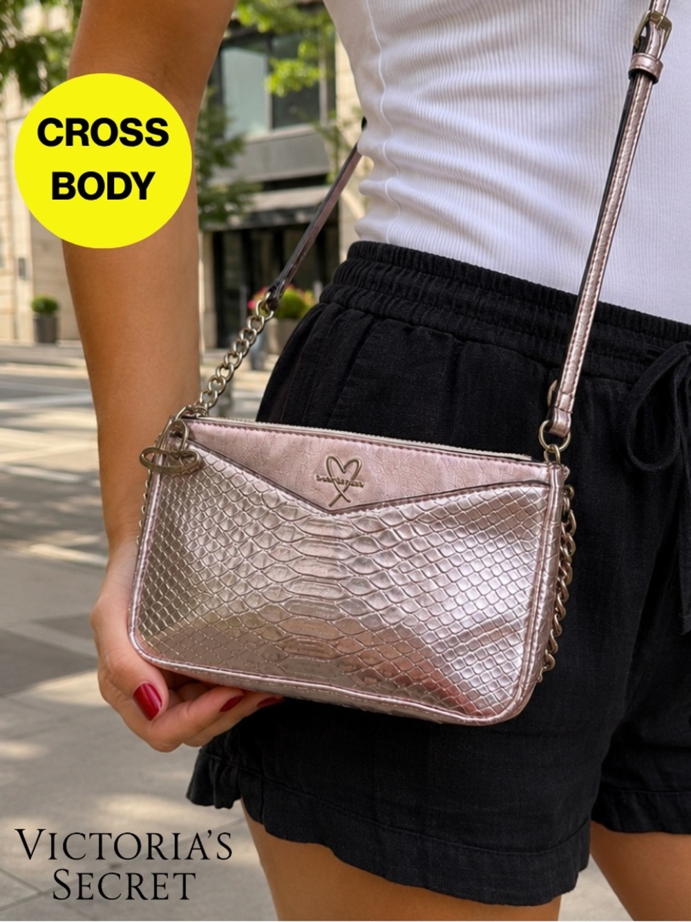 2/for $20 🪩 VS Metallic Pink, Rose Gold Snake-Embossed Crossbody & Clutch 5x7”